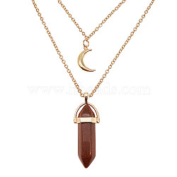 Synthetic Goldstone Cone Pendant Double Layer Necklace, with Moon Charms, 19.69 inch(50cm)(UX9990-24)