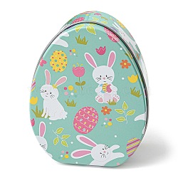 Easter Theme Cartoon Tinplate Gift Box, Egg Shape Candy Box, Egg & Rabbit Pattern Storage Box, Medium Aquamarine, 8.9x11.4x4.4cm(CON-G020-01C)