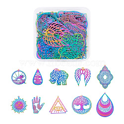 40Pcs 10 Style 201 & 304 Stainless Steel Pendants, Etched Metal Embellishments, Wing & Sun & Elephant, Rainbow Color, 32.5~53x20.5~40.5x0.2~0.4mm, Hole: 1.2~3mm, 4pcs/style(STAS-BY0001-16)