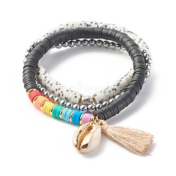 Polymer Clay Heishi Beads Stretch Bracelets Set, Natural Cowrie Shell and Cotton Tassel Charm Bracelets, Alloy & Synthetic Hematite Beads Power Bracelets for Women, Mixed Color, Inner Diameter: 2-1/8~2-1/4 inch(5.5~5.8cm), 3pcs/set(BJEW-JB07395)