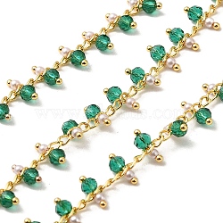 Handmade Brass Link Chain, with Glass Beads and ABS Beads, Soldered, with Spool, Real 18K Gold Plated, Teal, 3x2x0.2mm and 7x3mm, about 16.40 Feet(5m)/Roll(CHC-E028-06G-01)