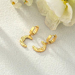 Fashionable Stainless Steel Moon Hoop Earrings, Real 18K Gold Plated, 22x15mm(PO0320)