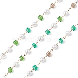 Cube & Round Glass & ABS Imitation Pearl Beaded Chains, Unwelded, with 304 Stainless Steel Link Chains, Golden, Light Sea Green, 2.5~3x2.5~3x2.5mm(CHS-P016-43G-02)
