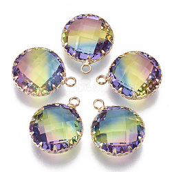 K9 Glass Pendants, Imitation Tourmaline, with Golden Tone Brass Findings, Faceted, Flat Round, Colorful, Golden, 18x14.5x7mm, Hole: 2mm(X-GLAA-Q069-12B)