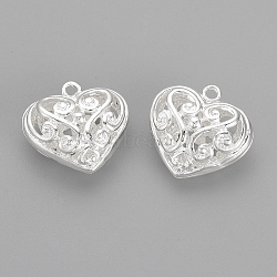 Brass Pendants, Hollow Heart, Silver Color Plated, 19.5x21.5x10.5mm, Hole: 1.5mm(KK-S328-15)