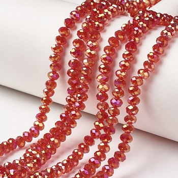Electroplate Transparent Glass Beads Strands, Full Rainbow Plated, Faceted, Rondelle, Red, 4x3mm, Hole: 0.4mm, about 123~127pcs/strand, 16.5~16.9 inch(42~43cm)