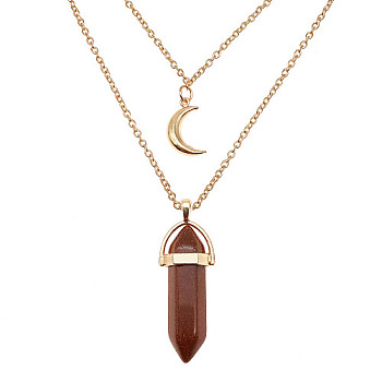 Synthetic Goldstone Cone Pendant Double Layer Necklace, with Moon Charms, 19.69 inch(50cm)
