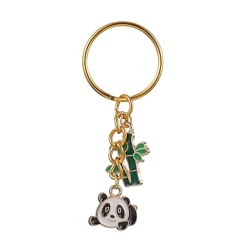 Panda & Bamboo Alloy Enamel Pendant Keychains, with Iron Split Key Rings, Golden, 6.5cm