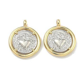 Brass Pendants, Flat Round with Sacred Heart Charms, Cadmium Free & Lead Free, Long-Lasting Plated, Rack Plating, Platinum & Golden, 25x20x3.5mm, Hole: 3mm