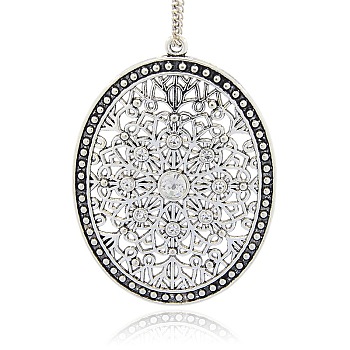 Antique Silver Plated Alloy Oval Big Pendants, with Rhinestones, Hollow, Crystal, 64x47x6mm, Hole: 2mm