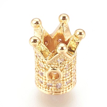 Brass Micro Pave Cubic Zirconia Beads, Crown, Clear, Real 18K Gold Plated, 10x8mm, Hole: 1.4mm