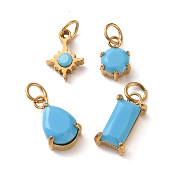 4Pcs 4 Styles Dyed Synthetic Turquoise Faceted Pendants, 304 Stainless Steel Geometric Bezeled Charms, Ion Plating(IP), Golden, Mixed Shapes, Deep Sky Blue, 10~14x6.5~8x3~5mm, Hole: 3mm, 1pc/style