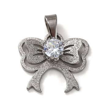 304 Stainless Steel Diamond Pendant, Bowknot, Stainless Steel Color, 16.5x18x6mm, Hole: 7.5x4mm