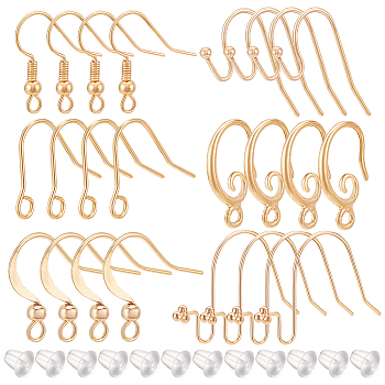 36Pcs 6 Styles Brass French Earring Hooks, Flat Earring Hooks, Ear Wire, with Horizontal Loops, with 50Pcs Plastic Ear Nuts, Real 18K Gold Plated, 11.5~21.5x11~18.5x0.5~3mm, Hole: 1.5~2mm, Pin: 0.6~1mm, 6Pcs/style