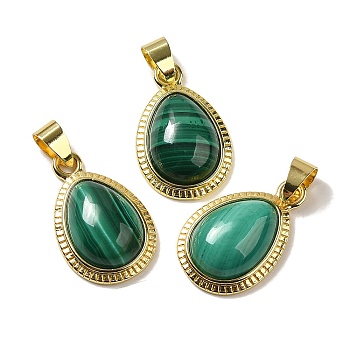Natural Malachite Pendants, Teardrop Charms with Rack Plating Golden Tone Brass Findings, Cadmium Free & Lead Free, 23x14.5x5.8mm, Hole: 3.8x5.4mm