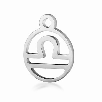 201 Stainless Steel Charms, Flat Round with Constellation, Stainless Steel Color, Libra, 13.4x10.8x1mm, Hole: 1.5mm