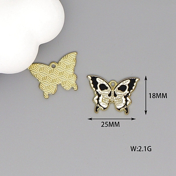 Alloy Enamel Pendants, Golden, Butterfly with Skull Charm, Black, 18x25mm