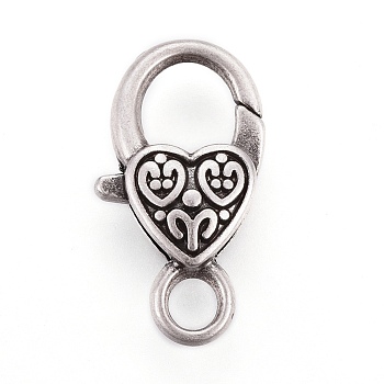 Tibetan Style Heart Lobster Claw Clasps, Cadmium Free & Nickel Free & Lead Free, Thailand Sterling Silver Plated, 26.5x14x6mm, Hole: 4mm