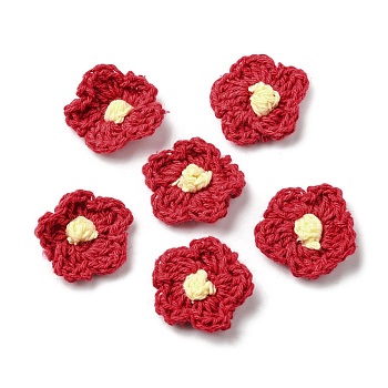 Cotton Thread Knitted Ornament Accessories, Flower, FireBrick, 23.5~25x24~25x4.5~5mm