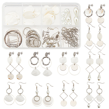 SUNNYCLUE DIY Geometry Drop Earring Making Kits, Including Stainless Steel & Iron Earring Findings, Shell Charm & Link, Brass Pendants & Links & Earring Hooks & Pin, Glass Pearl Beads, Platinum & Stainless Steel Color, 144pcs/box