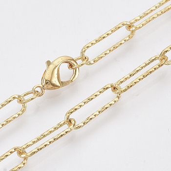 Brass Textured Paperclip Chain Necklace Making, with Lobster Claw Clasps, Real 18K Gold Plated, 19.68 inch(50cm), Link: 14.5x4.5x1mm