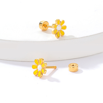 Real 18K Gold Plated Stainless Steel Stud Earrings for Women, Daisy Flower, Yellow, No Size