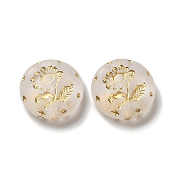 Transparent Plating Acrylic Beads, Golden Metal Enlaced, Flat Round with Flower, Frosted, Clear, 18x5.5mm, Hole: 1.8mm, about 399pcs/500g