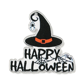 Halloween Themed Double-sided Printed Acrylic Pendants, Word & Hat, Black, 39x39x2mm, Hole: 1.6mm