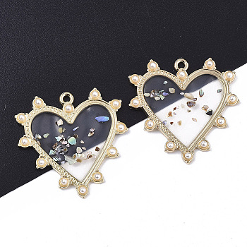 Epoxy Resin Pendants, with ABS Plastic Imitation Pearl, Shell and Light Gold Plated Alloy Open Back Bezel, Heart, Clear, 33x33x3mm, Hole: 1.8mm