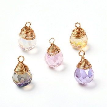 Transparent Glass Charms, with Eco-Friendly Copper Wire, Faceted, Teardrop, Mixed Color, 13x8mm, Hole: 1.2~1.8mm