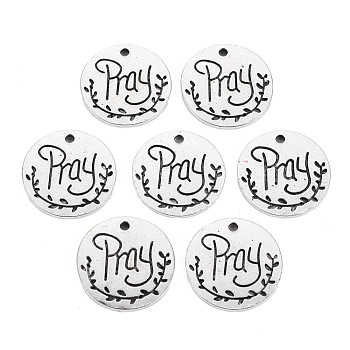Tibetan Style Alloy Pendants, Cadmium Free & Lead Free, Flat Round with Word Pray, Antique Silver, 20.5x1.5mm, Hole: 1.6mm