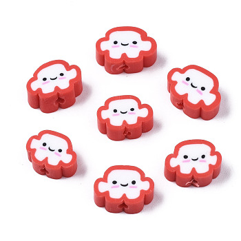 Handmade Polymer Clay Beads, Cloud with Smiling Face, Red, 6~8.5x10~11.5x4.5~5.5mm, Hole: 1.8mm