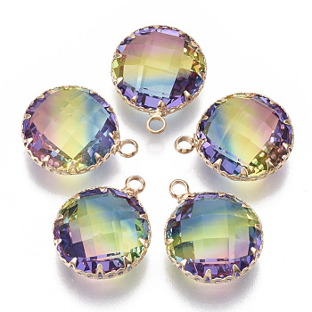 K9 Glass Pendants, Imitation Tourmaline, with Golden Tone Brass Findings, Faceted, Flat Round, Colorful, Golden, 18x14.5x7mm, Hole: 2mm