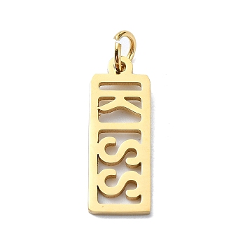 304 Stainless Steel Pendants, with Jump Rings, Laser Cut, Rectangle with Word KISS Charm, Golden, 19.5x7x1mm, Hole: 3mm