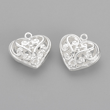 Brass Pendants, Hollow Heart, Silver Color Plated, 19.5x21.5x10.5mm, Hole: 1.5mm