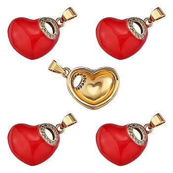 5Pcs Brass Micro Pave Clear Cubic Zirconia Enamel Pendants, Cadmium Free & Nickel Free & Lead Free, Real 16K Gold Plated, Heart, FireBrick, 14x19x5mm, Hole: 3x5mm