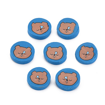 Handmade Polymer Clay Cabochons, Flat Round with Bear, Dodger Blue, 9.5x2mm, about 4500pcs/1000g