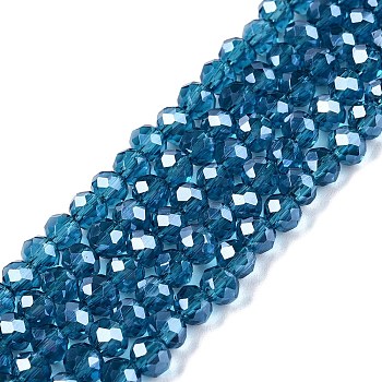 Electroplate Glass Beads Strands, Pearl Luster Plated, Faceted, Rondelle, Steel Blue, 4x3mm, Hole: 0.4mm, about 113~115pcs/strand, 41~41.5cm