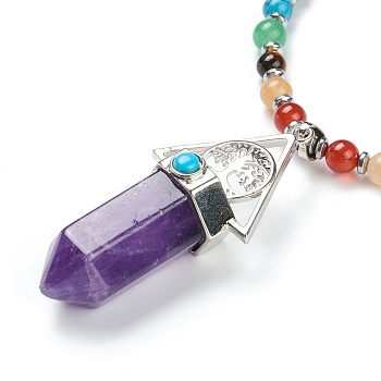 Chakra Jewelry, Faceted Bullet Natural Amethyst Pendant Necklaces, with Gemstone Round Beads and Platinum Plated Alloy Findings, 16.42 inch(41.7cm)