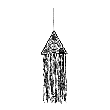 Handmade Evil Eye Woven Net/Web with Feather Pendant Decoration, Triangle Polyester Tassel Wall Hanging Decoration, for Home Bedroom Car Ornaments Birthday Gift, Black, 900mm