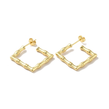 Rack Plating Brass Bamboo Wrap Square Stud Earrings, Half Hoop Earrings for Women, Cadmium Free & Lead Free, Real 18K Gold Plated, 22x22x3mm, Pin: 0.8mm