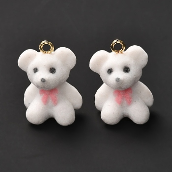 Flocky Resin Pendants, with Alloy Findings, Bear, White, 22x15x12mm, Hole: 2mm