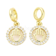 Brass Micro Pave Cubic Zirconia Ring with Hamsa Hand European Dangle Charms, Large Hole Pendants, Real 16K Gold Plated, 20.5mm, Hole: 4.3mm(KK-D325-08G)