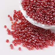 Round Glass Seed Beads, Trans. Colours Lustered, Crimson, Size: about 3mm in diameter, hole: 1mm, about 1097pcs/50g(X-SEED-A006-3mm-105B)