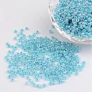 12/0 Ceylon Round Glass Seed Beads, Pale Turquoise, Size: about 2mm in diameter, hole:1mm, about 3303pcs/50g(X-SEED-A011-2mm-143)