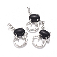 Natural Black Agate Kitten Pendants, with Platinum Tone Brass Findings and Crystal Rhinestone, Cat with Bowknot Shape, Dyed & Heated, 32x25.5x7.5mm, Hole: 4.5x7mm(G-L512-R09)