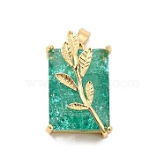 Glass Pendants, with Real 18K Gold Plated Brass Findings, Rectangle with Leaf, Medium Aquamarine, 22x14.5x11mm, Hole: 5x2.5mm(KK-I695-003B)