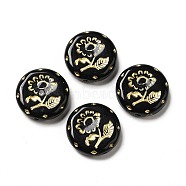 Opaque Acrylic Beads, Golden Metal Enlaced, Flat Round with Flower, Black, 18x4mm, Hole: 1.6mm, about 399pcs/500g(MACR-J123-02B)