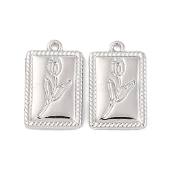 Alloy Pendants, Rectangle with Flower, Platinum, 20.5x13x2.5mm, Hole: 1.4mm(FIND-U007-09P)