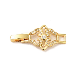 Flower Rack Plating Brass Clear Cubic Zirconia Watch Band Clasps, Cadmium Free & Lead Free, Long-Lasting Plated, Real 18K Gold Plated, 31x14x4mm, Hole: 3x3mm(ZIRC-H125-18G)